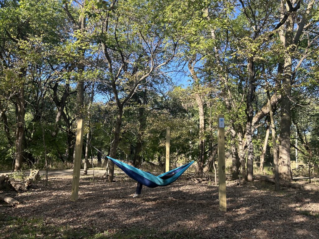 child swings in a bright blue hammock among tall green trees at Potter's Bridge Park