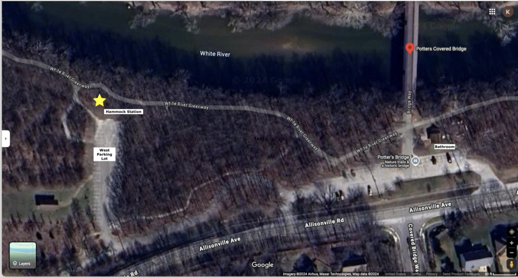 map of potter's bridge park, indicating with a star the location of the hammock stand between the west parking lot and the White River. 