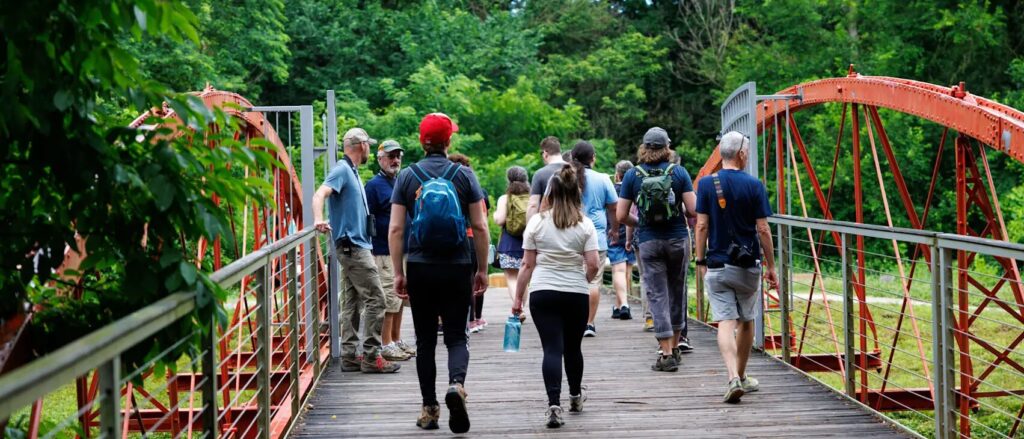 View of a group of people walking over a pedestrian bridge toward a forest.