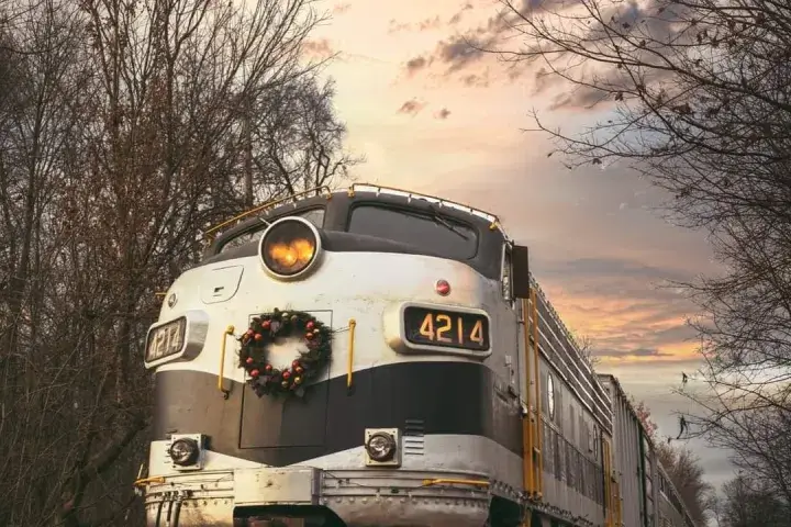 train with the pink sky in the back