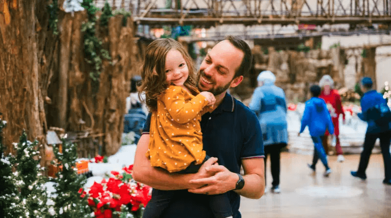 a little girl being held by a man