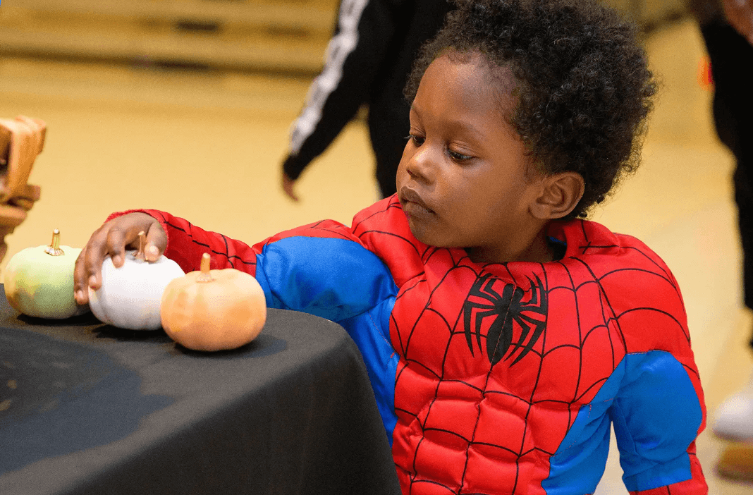 child in costume touching mini pumpkins
