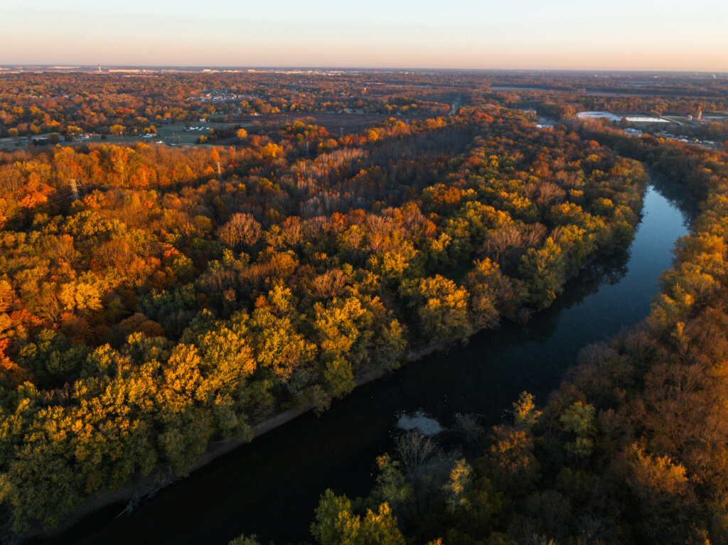 An ariel drone view of Southeastway park in the fall with fall foliage.