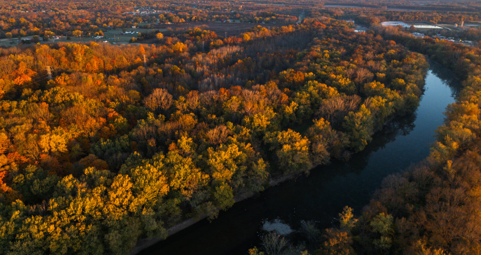 An ariel drone view of Southeastway park in the fall with fall foliage.